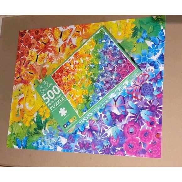 Page In the Garden Jigsaw Puzzle 500 Piece Colorful Flowers Butterflies Frogs - Picture 1 of 6
